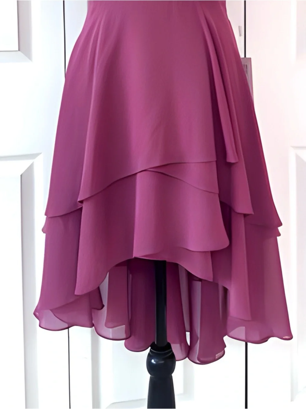 Billowy High-Low layered dress w/flutter sleeves partially lined burgundy color